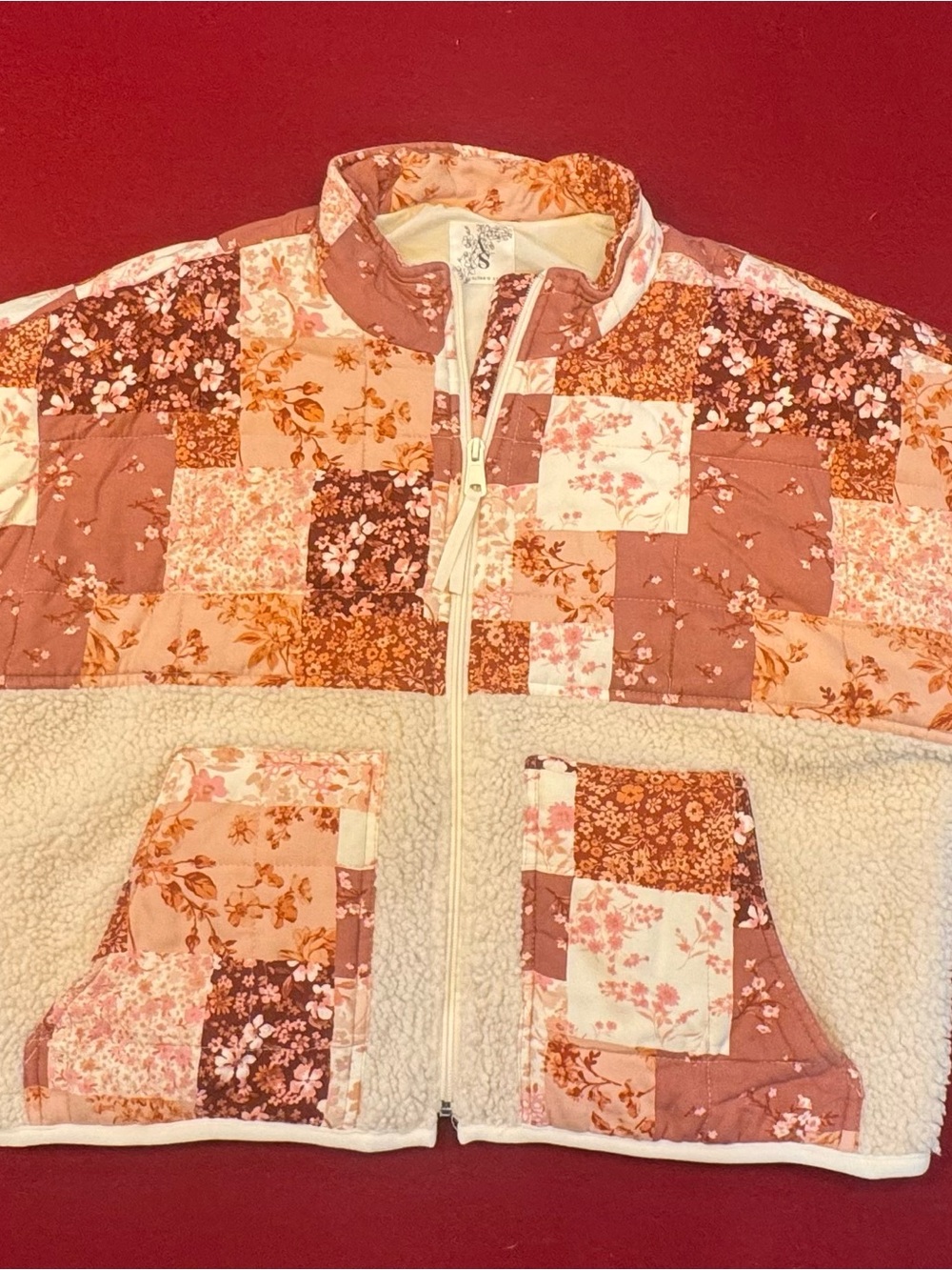 Altar'd State Pink & Cream Floral Cropped Patchwork Sherpa Jacket